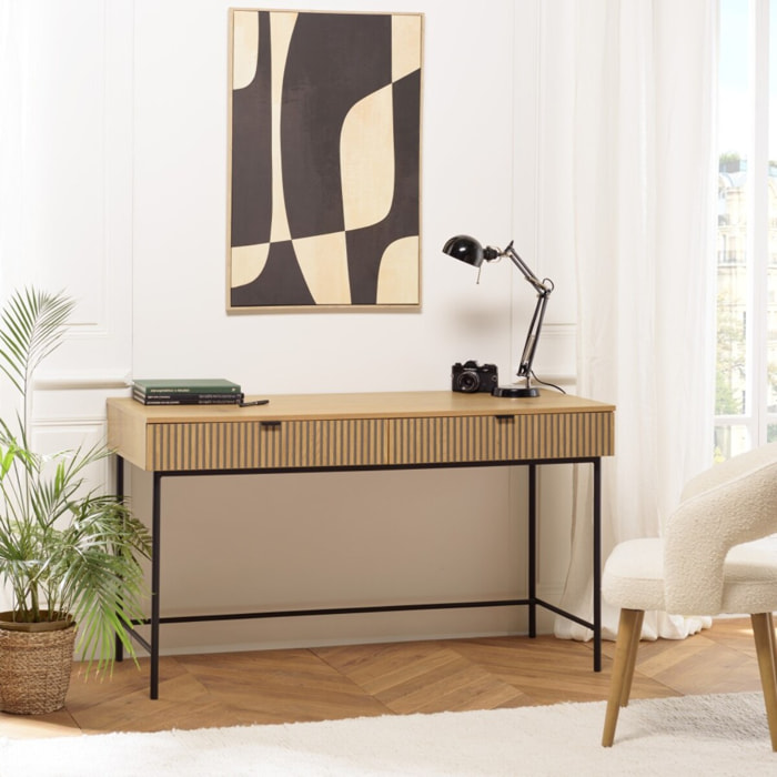 SCOTT - Bureau 2 tiroirs décor effet bois rainuré noir et naturel