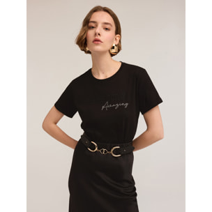 Motivi - T-Shirt mit Boxschnitt und gestickter Aufschrift - Negro