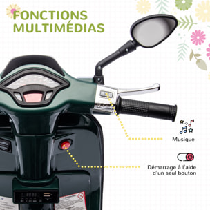 Scooter électrique enfant Vespa 6V - musiques, feu AV, entrée USB, radio FM - 2 roues support aux. - vert