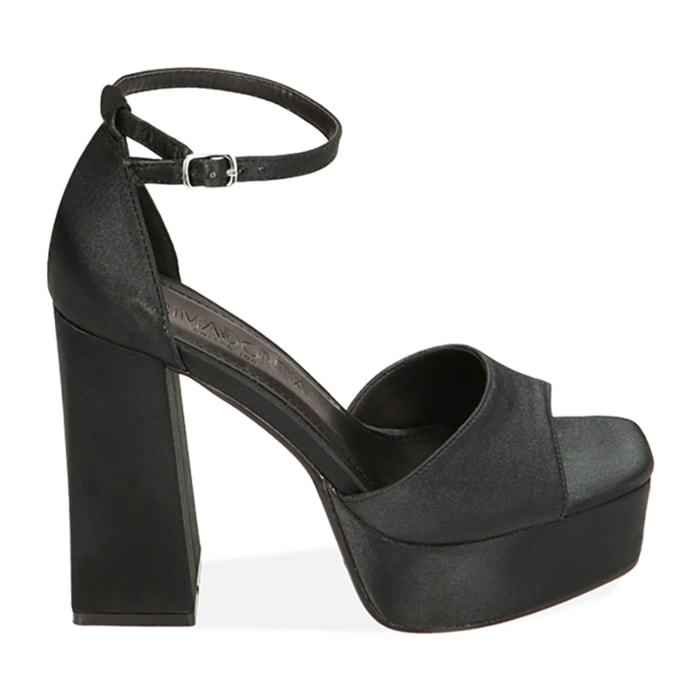 Sandali platform neri in raso, tacco 10 cm
