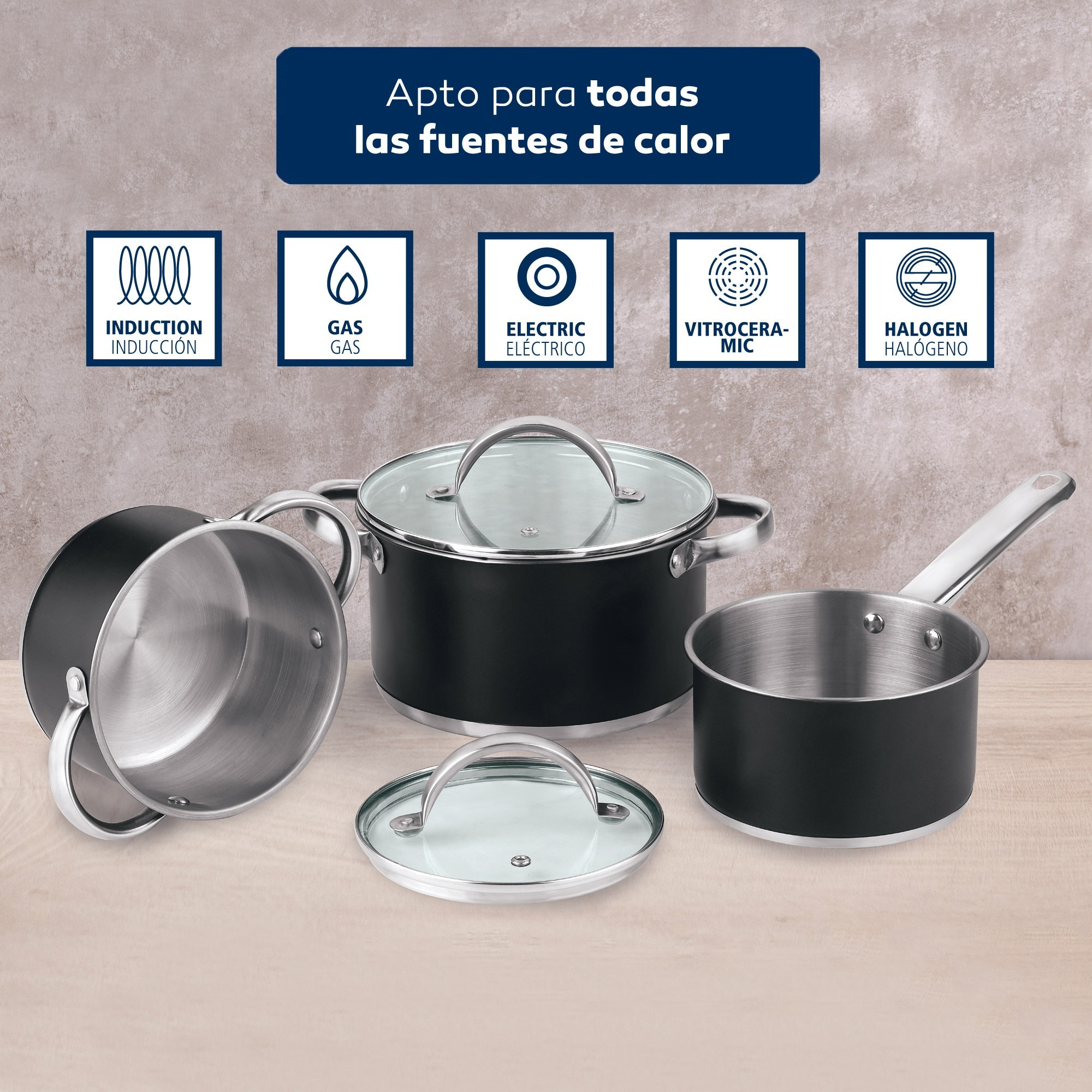 Bateria de cocina 5 pzs (2 cacerolas c/tapa + cazo) acero c/revestimineto htr ind ronda