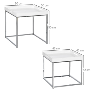 Lot de 2 tables basses carrées gigognes style contemporain - plateau 2 poignées MDF blanc laqué châssis piètement acier chromé