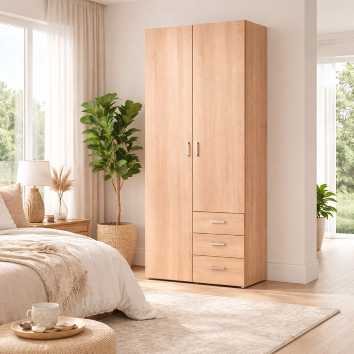 Armadio Mobile Multiuso 2 Ante 3 Cassetti Camera Da Letto Cameretta Appendiabiti E Ripiani Interni Moderno Salvaspazio 200.4 x 77.6 x 49.5 Cm Rovere