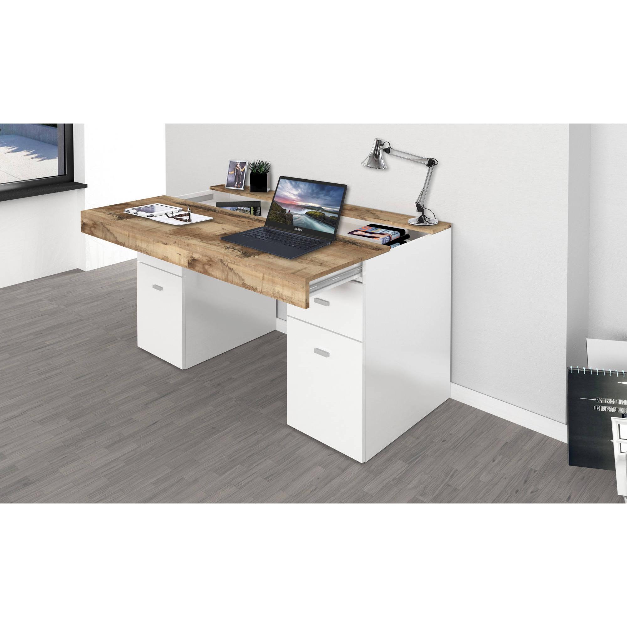 Scrivania per ufficio con cassettiera e piano contenitore, Made in Italy, Tavolo minimal, Scrittoio porta PC, cm 130x60h75, colore Bianco lucido e Acero