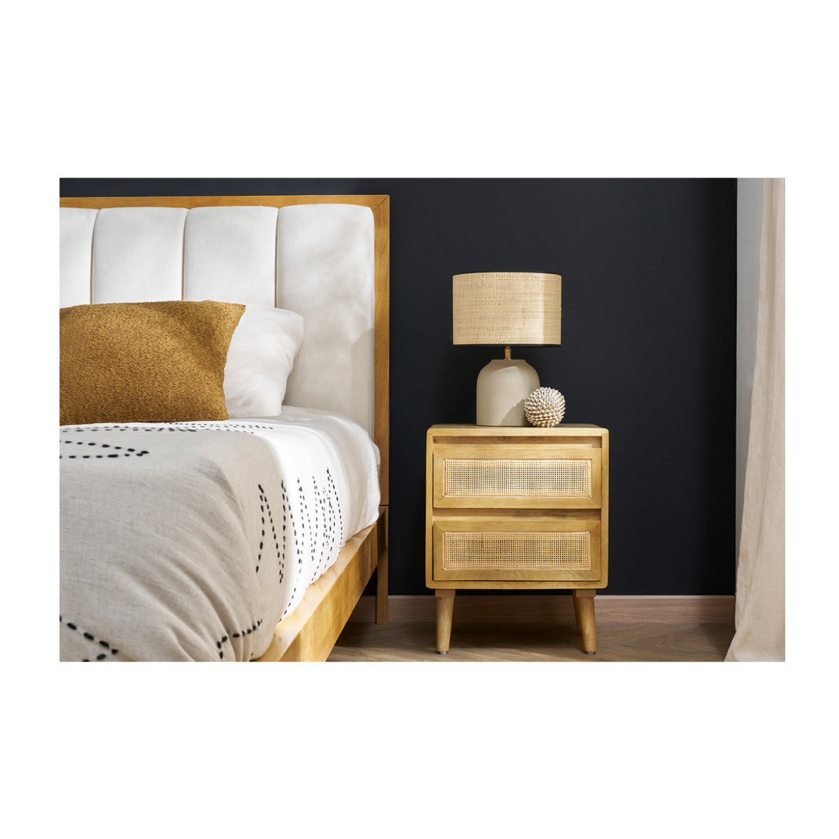 Tables de chevet en bois manguier massif et cannage rotin avec rangements 2 tiroirs (lot de 2) ACANGE