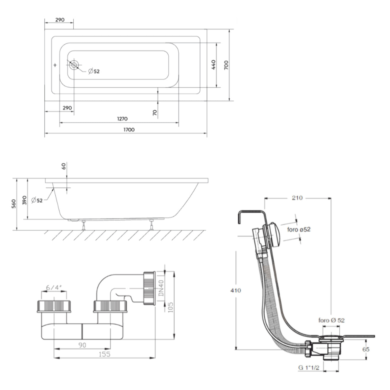 Aurum 170x70 cm baignoire rectangulaire en acrylique, gauche et droite, avec pieds + vidage + siphon, blanc (SATVAUR170-SET)