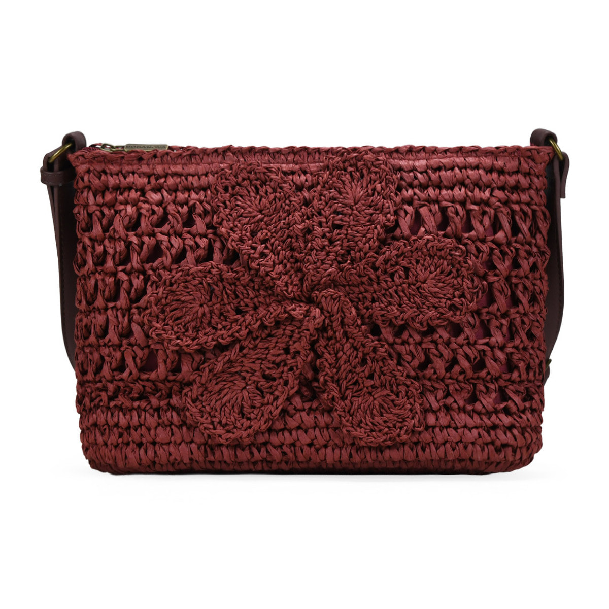 Bolso bandolera burdeos en rafia con flor