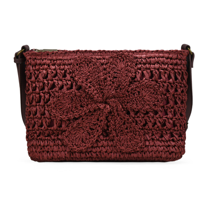 Bolso bandolera burdeos en rafia con flor