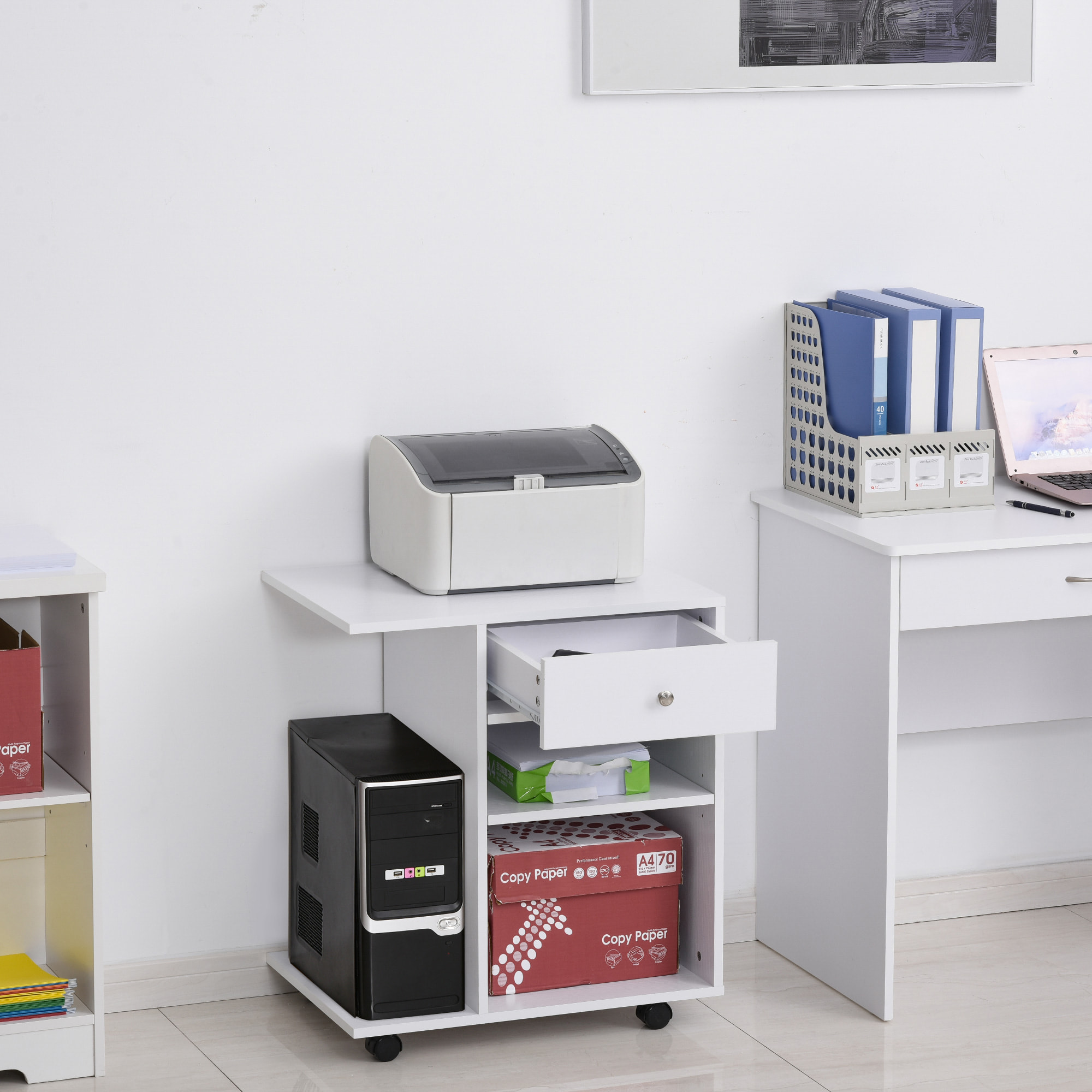 Support d'imprimante organiseur bureau caisson 2 niches tiroir espace CPU + grand plateau panneaux particules blanc
