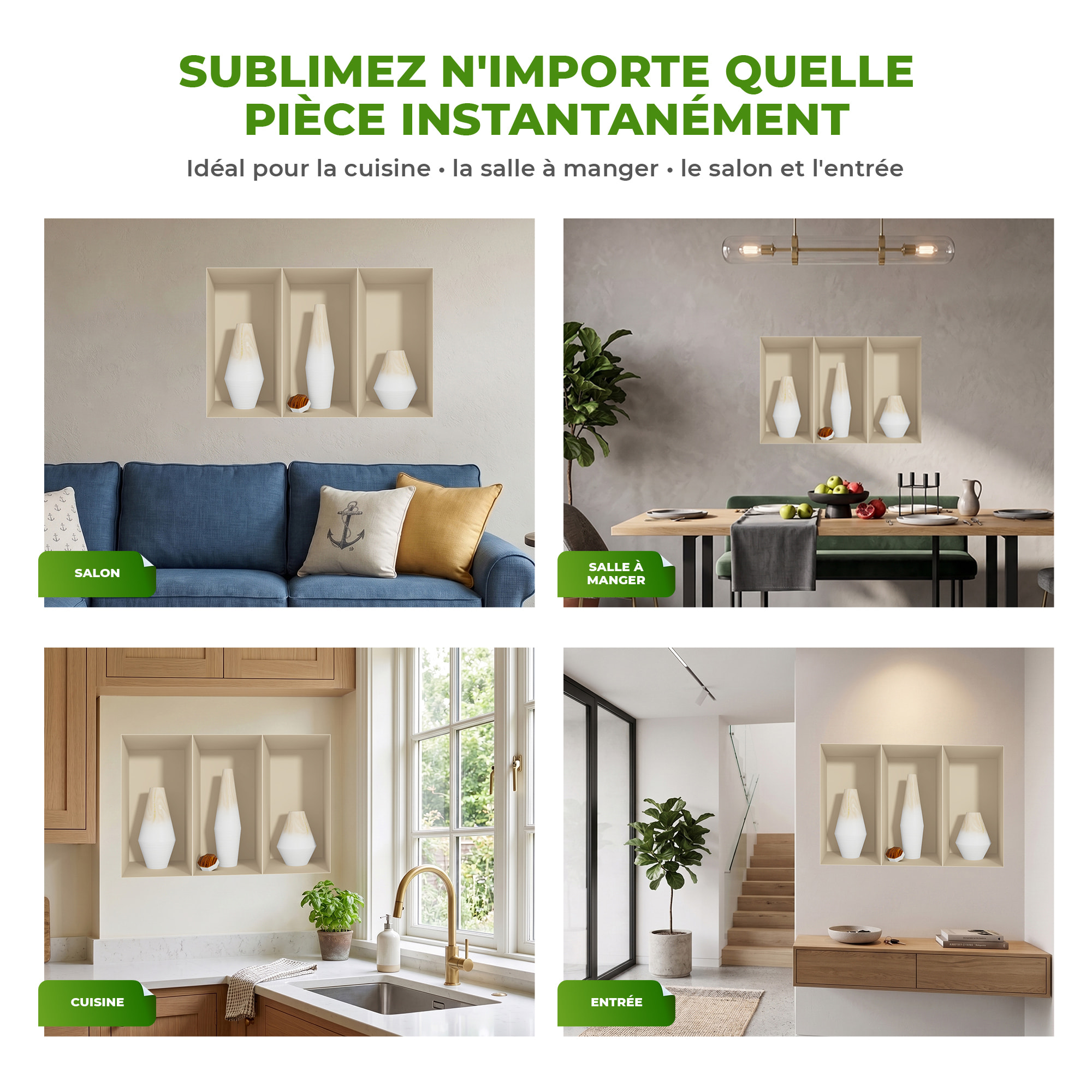 Stickers muraux 3D | Sticker Mural Autocollant effet 3D Vases en bois blanc - Stickers adhésifs 3D Chambre Salon Trompe l'oeil