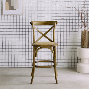 Tabouret de bar bistrot vintage en bois marron vieilli avec repose-pieds