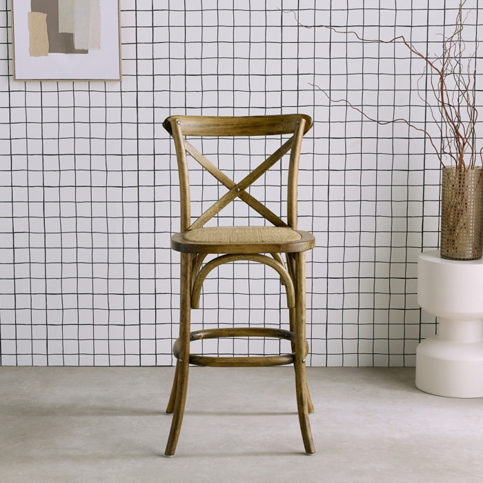 Tabouret de bar bistrot vintage en bois marron vieilli avec repose-pieds