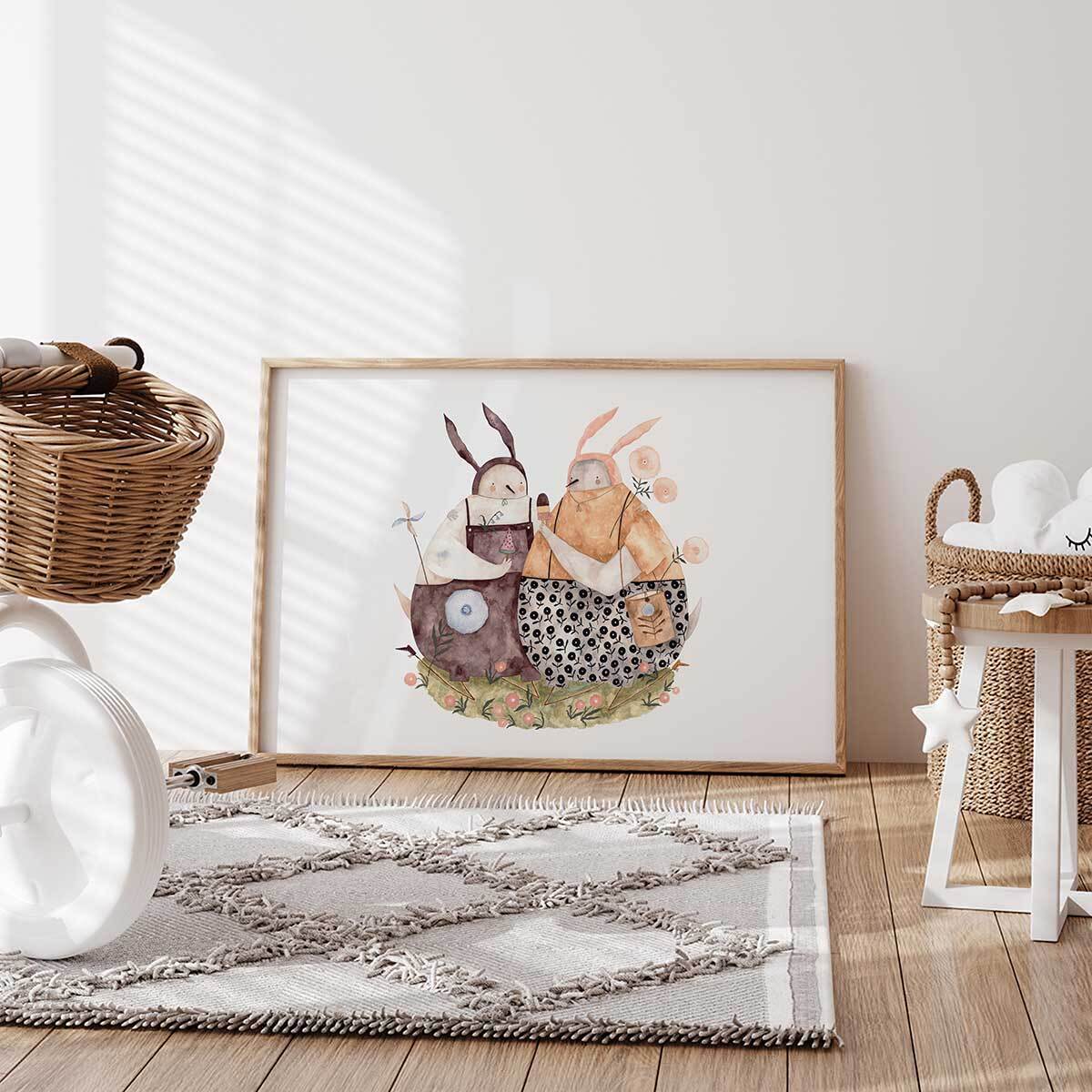 Affiche enfant oiseaux et crème glacée  Affiche + cadre en bois - Chêne