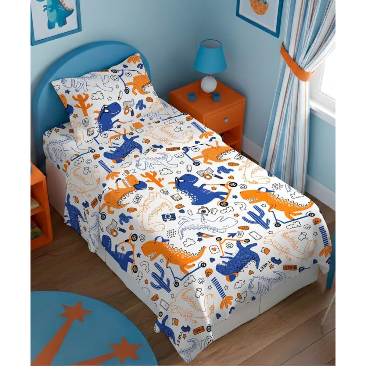 Parure Copripiumino Dino per letto singolo in 100% Cotone e Made in Italy, dinosauri divertenti