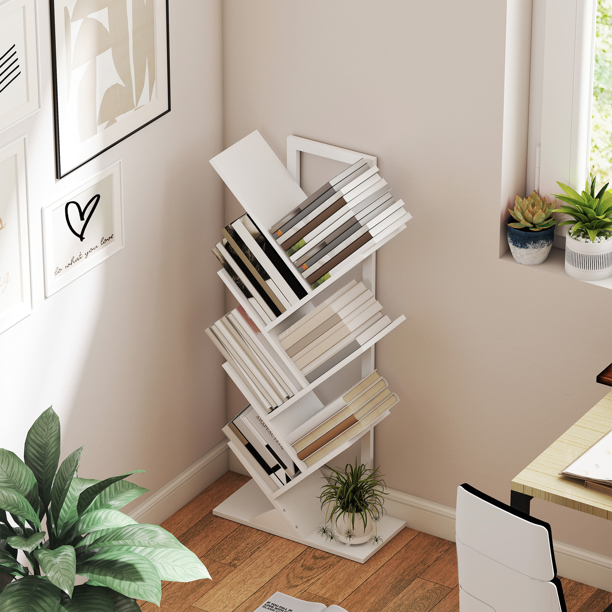 Librería en Forma de Árbol de 7 Niveles, Estantería de Libros con 7 Estantes, Estructura de Acero, para CD, DVD, Álbumes, Sala de Estar, Oficina, Estudio, Dormitorio, 50x24x109 cm, Blanco