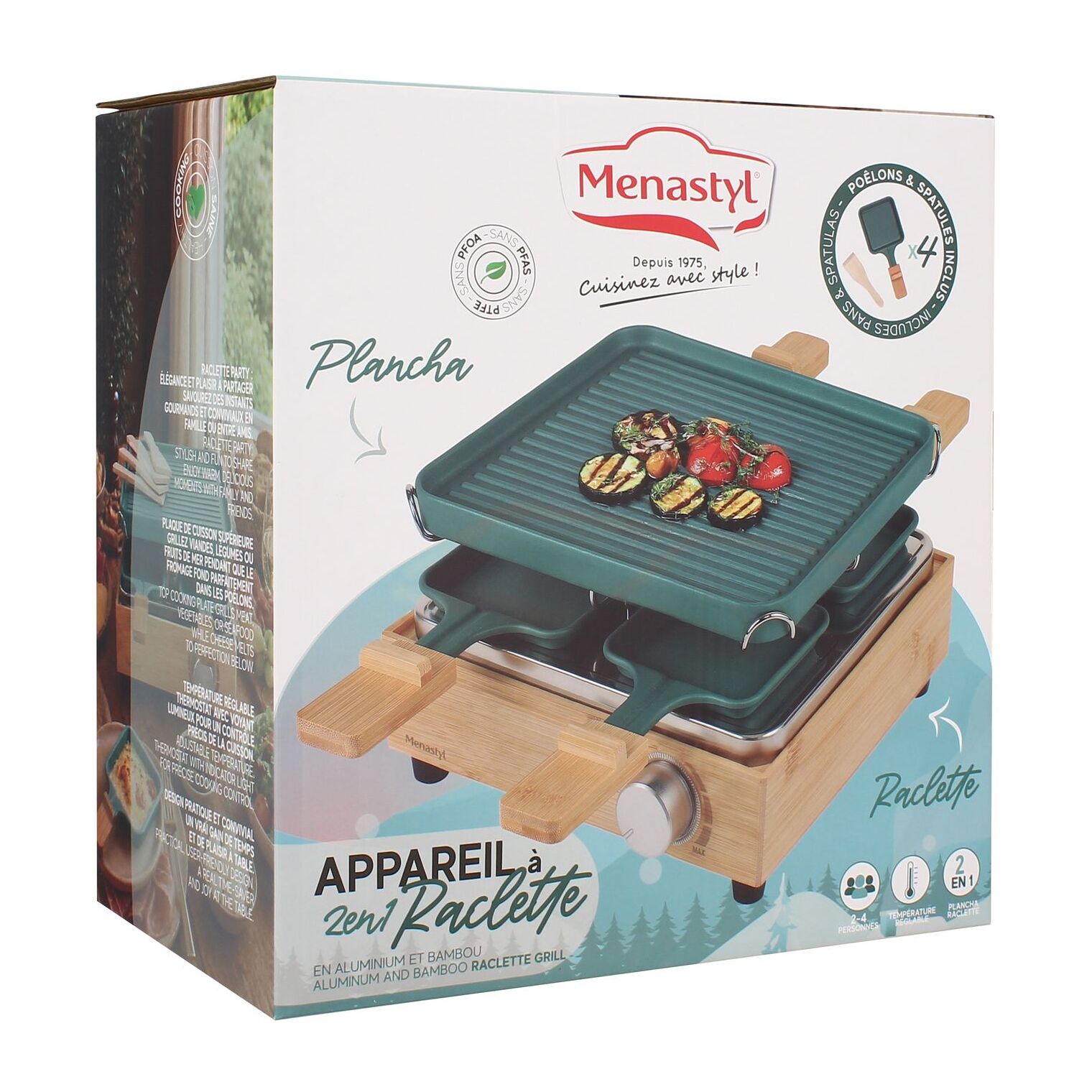 Appareil à raclette 4 personnes en aluminium bleu canard et bambou