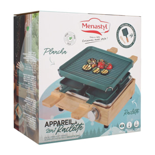 Appareil à raclette 4 personnes en aluminium bleu canard et bambou
