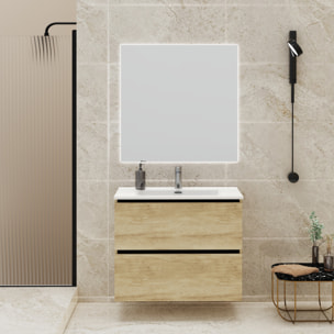 Ensemble de Salle de Bain Gloom | Meuble de Salle de Bain Suspendu | 80 cm Nature | Deux Tiroirs | Lavabo Encastré | Meuble Monté | Alday