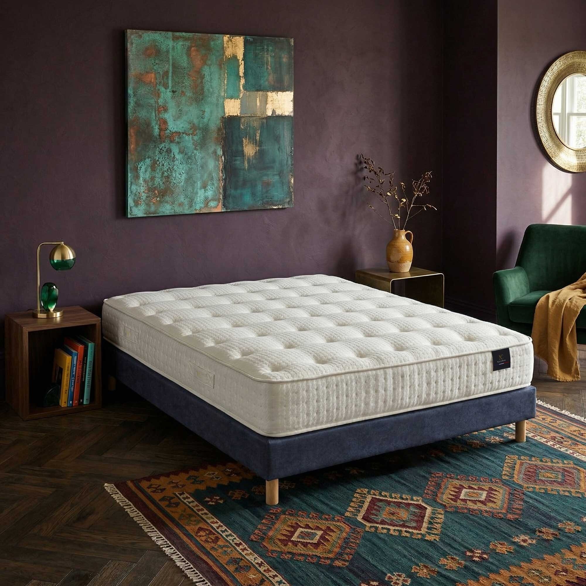 Ensemble matelas ressorts ensachés ARTÉMIS 2, accueil mémoire de forme, H26 cm, sommier bleu