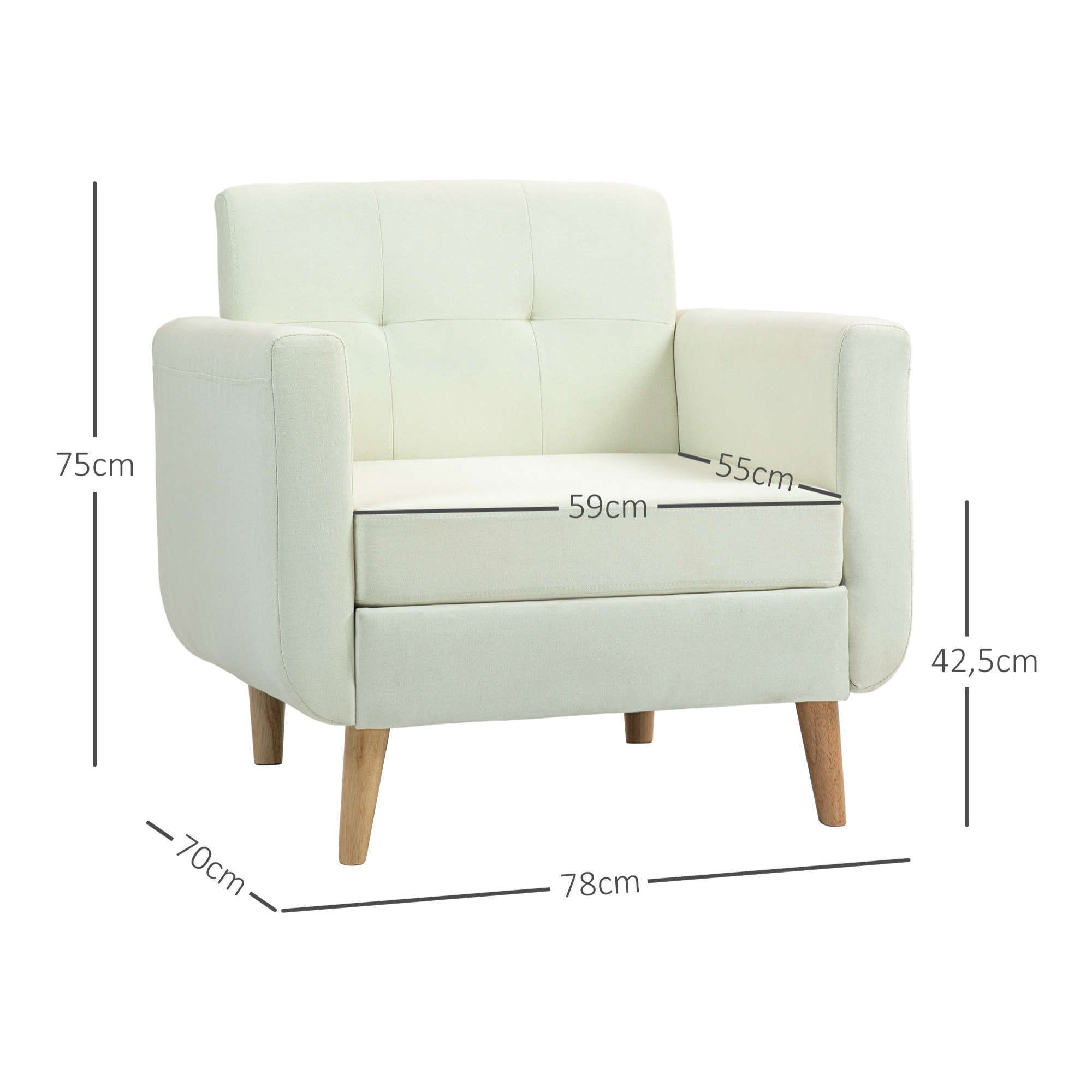 Sillón de Salón Moderno Butaca para Dormitorio con Reposabrazos y Patas de Madera Sofá Individual Carga 125 kg para Oficina Sala de Estar Crema