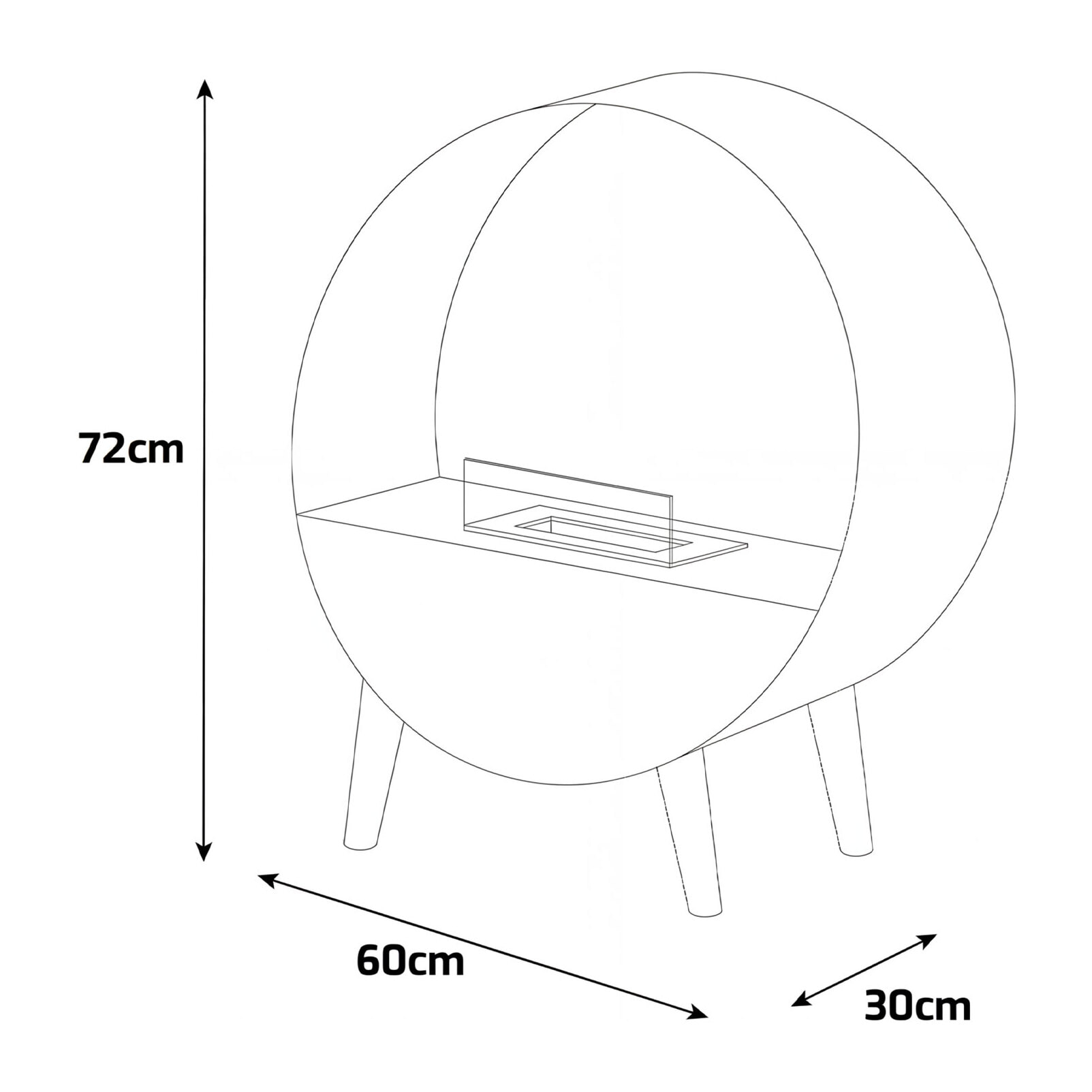 Venere - Camino a Bioetanolo da Pavimento 60x72x30 cm con Bruciatore 1 Litro e Piedi in Legno di Pino Nero