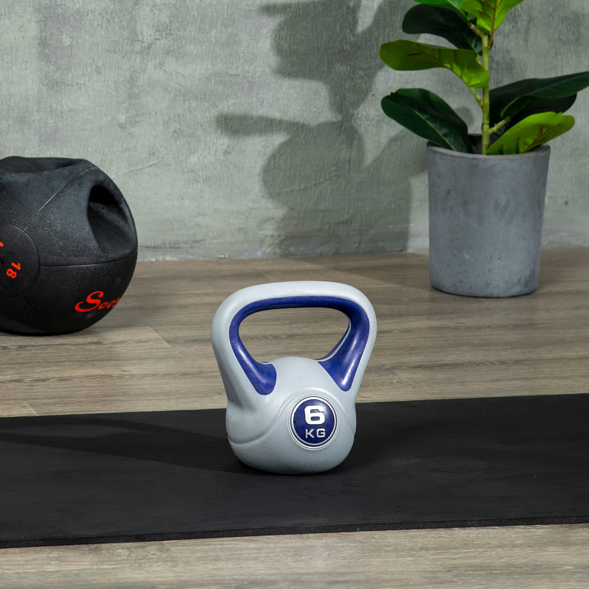 Pesa Rusa 6 kg, Kettlebell Revestimiento de PU y Relleno de Arena, con Mango Ancho y Base Plana, para Entrenamiento Culturismo, en Casa, Gimnasio, 20x13x22 cm, Violeta y Gris