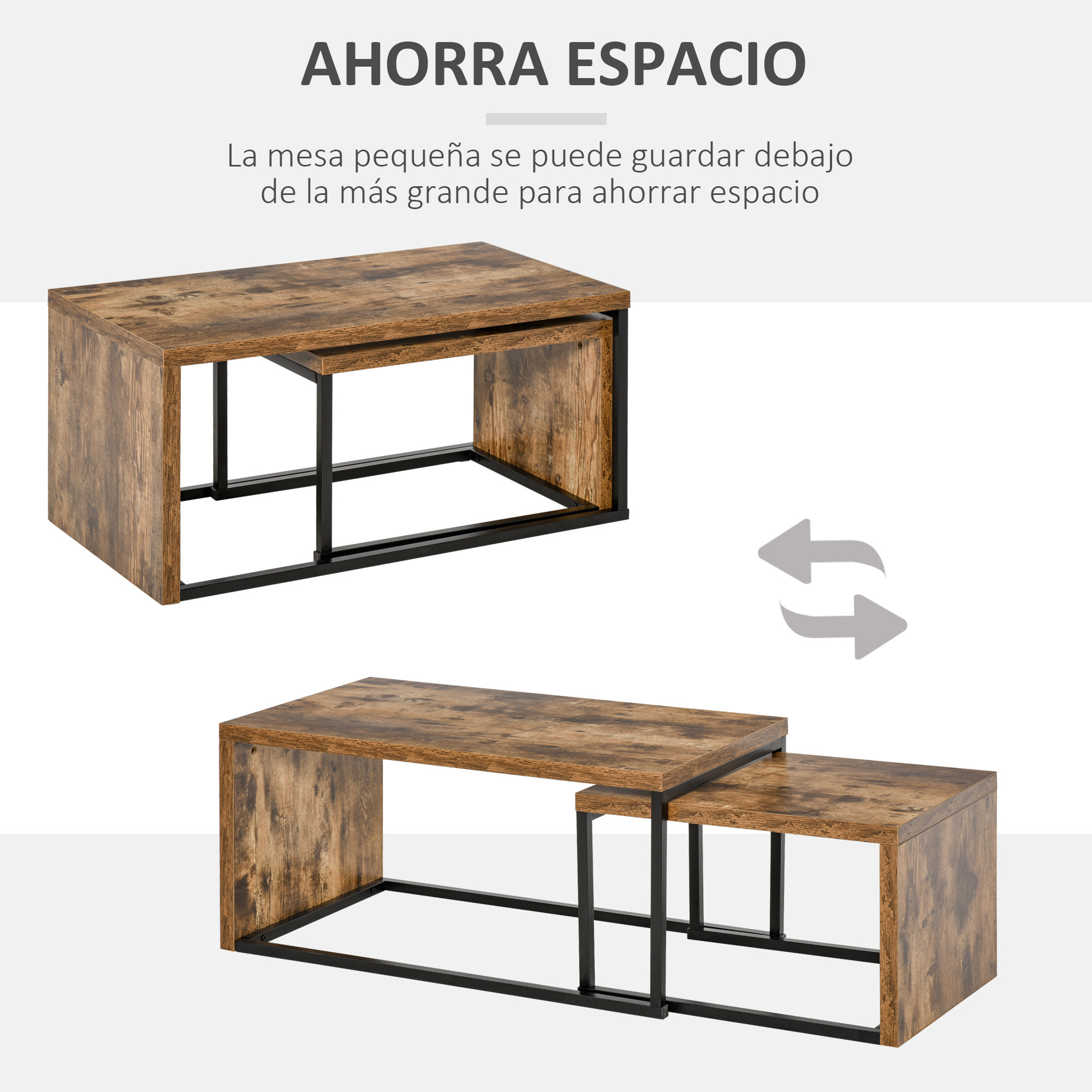 Juego de 2 Mesas de Centro Mesitas de Café con Patas de Metal Estilo Industrial para Salón Comedor Sala de Estar 90x48x42 cm y 59x42x36 cm Marrón Rústico