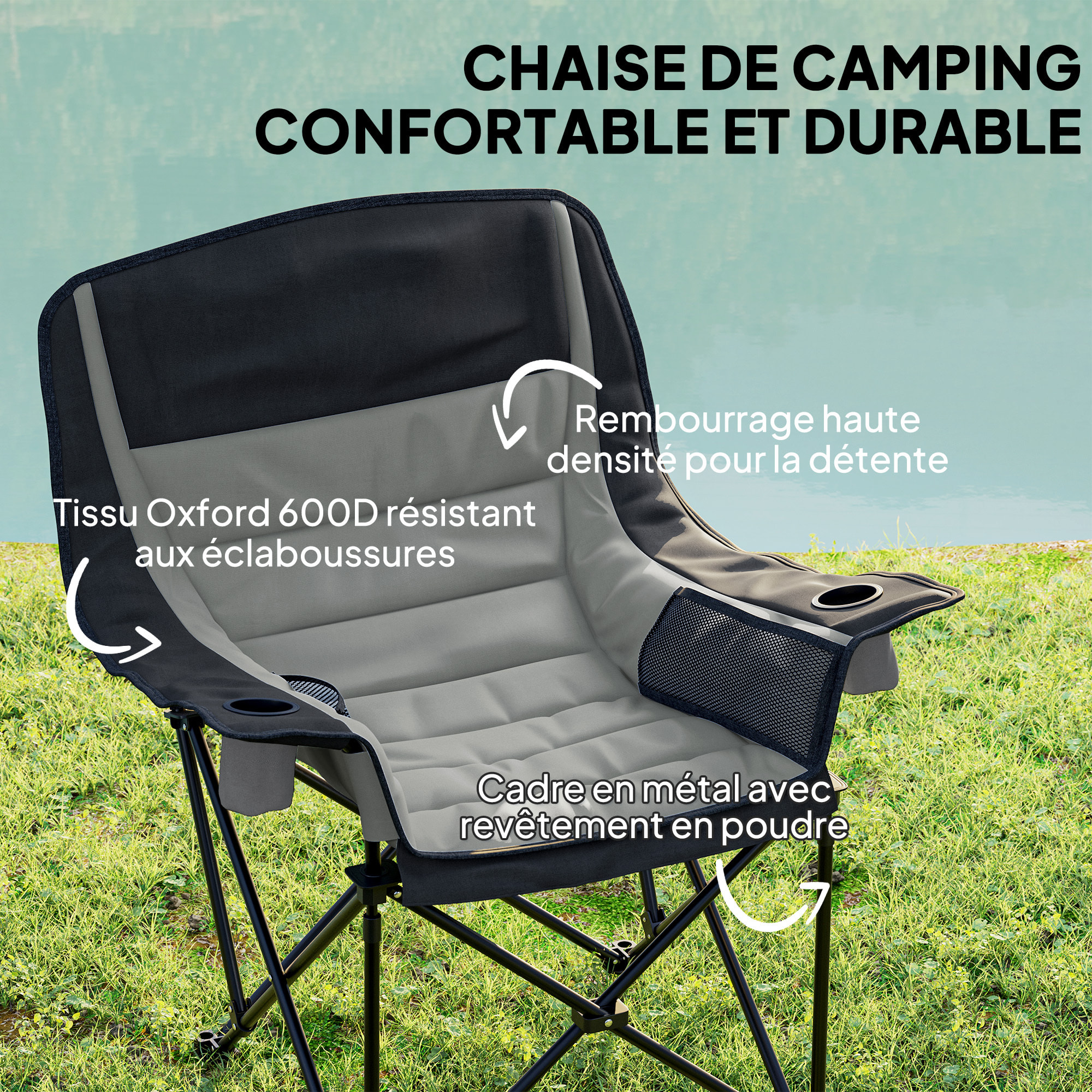 Chaise de camping pliante rembourrée - porte-gobelets, poches latérales rangement - sac transport inclus - gris noir