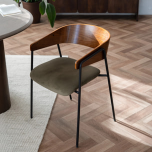 Lot de 2 chaises en velours vert kaki et bois de noyer - Esmée