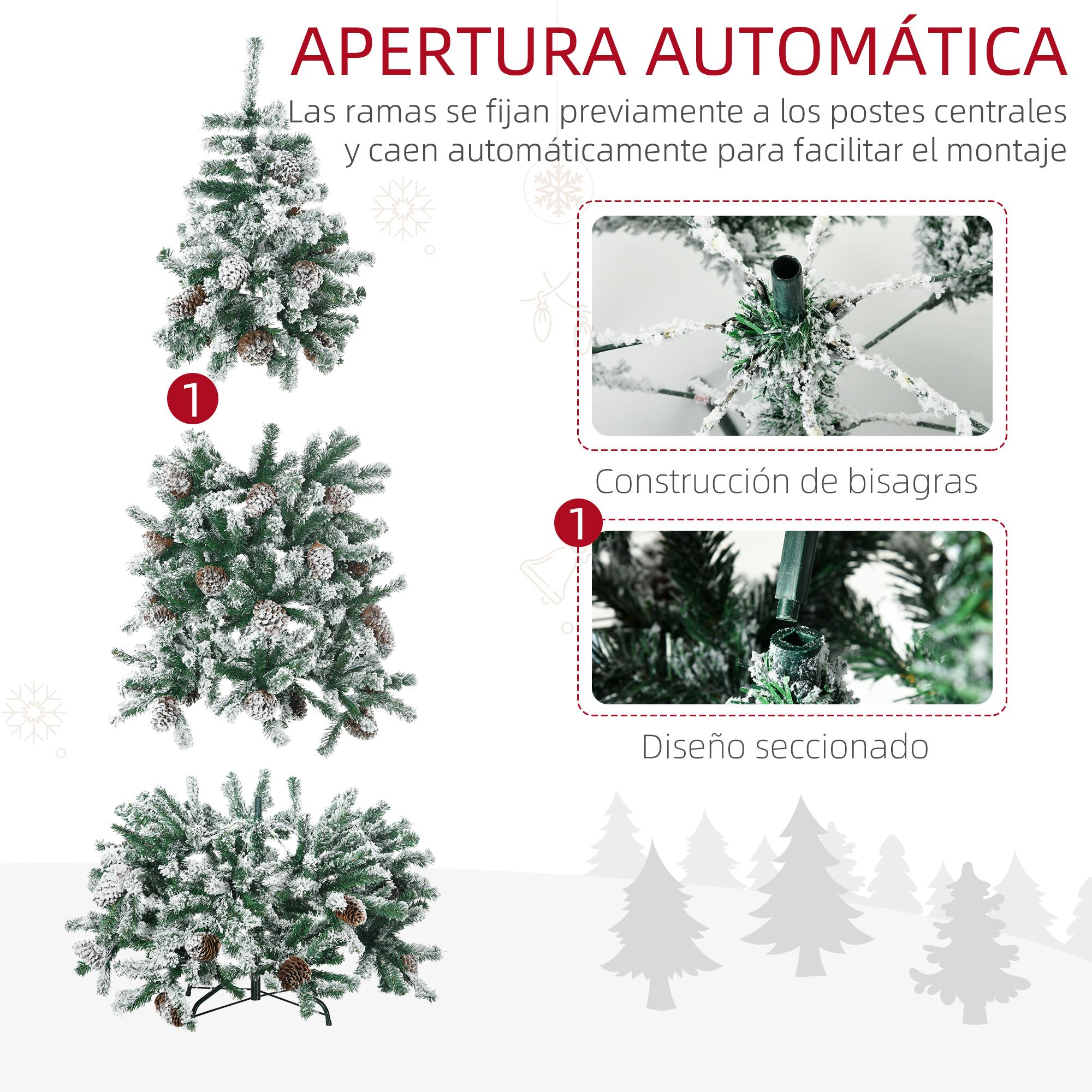 Árbol de Navidad Artificial Altura 180 cm Árbol Nevado con 695 Ramas 57 Piñas Apertura Automática Forma de Torre Base de Acero Plegable Ø104x180 cm Verde