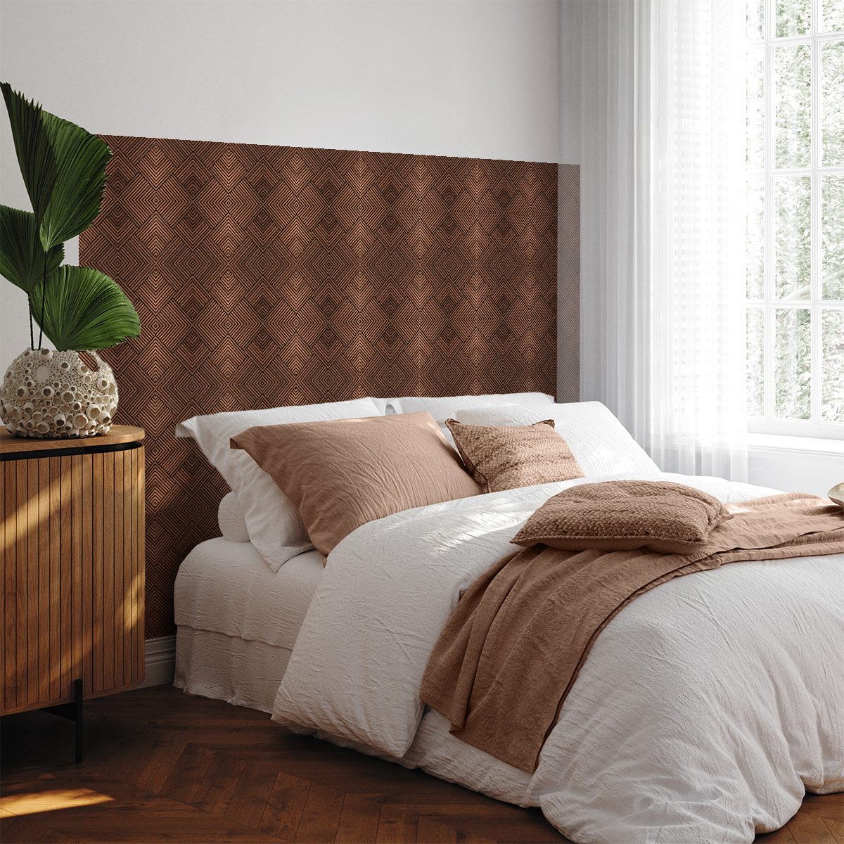 Rouleau revêtement adhésif vinyle au mètre - Sticker mural tête de lit - BOIS BRUN ART DÉCO