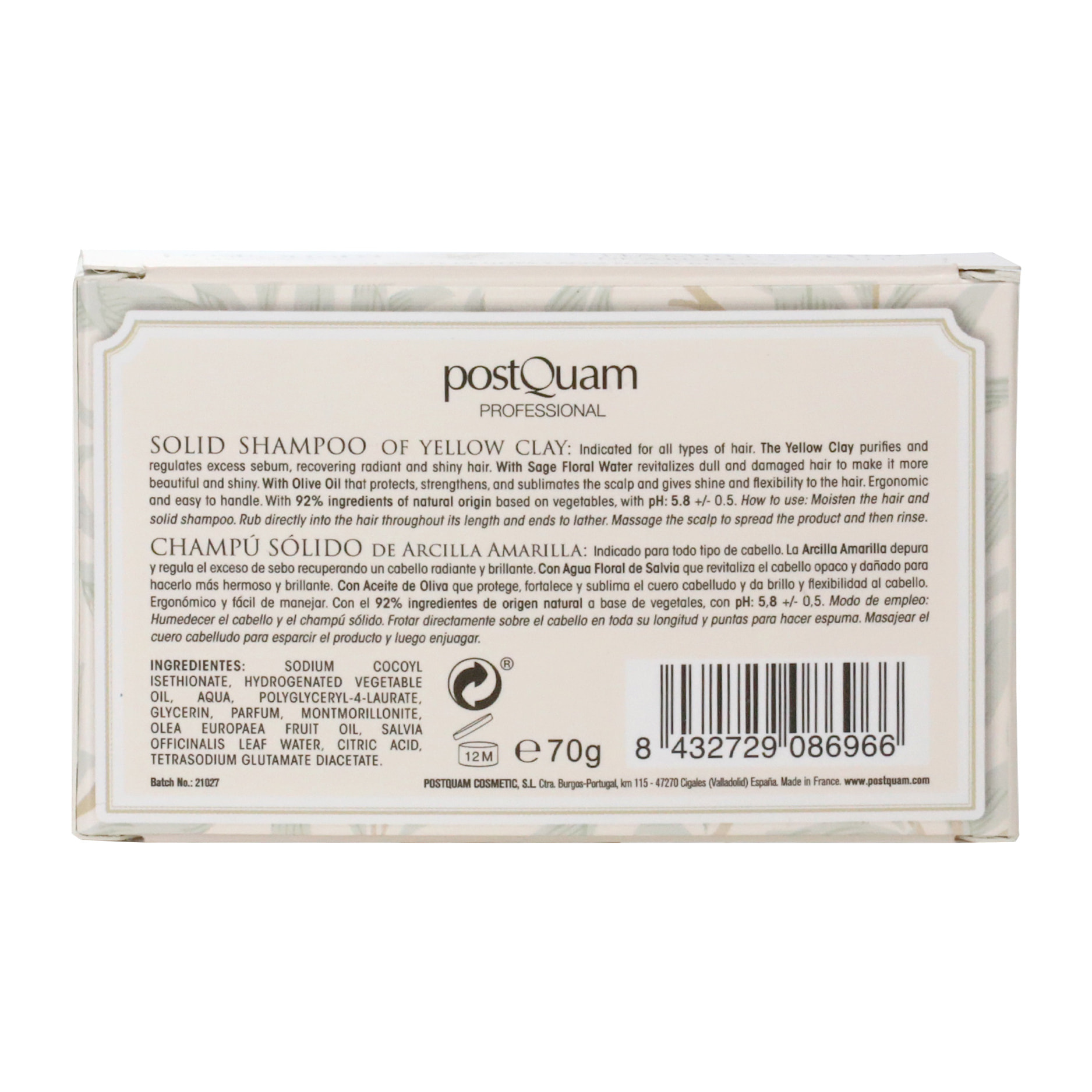 Shampooing solide argile jaune 70gr. (92,4% d'origine naturelle)