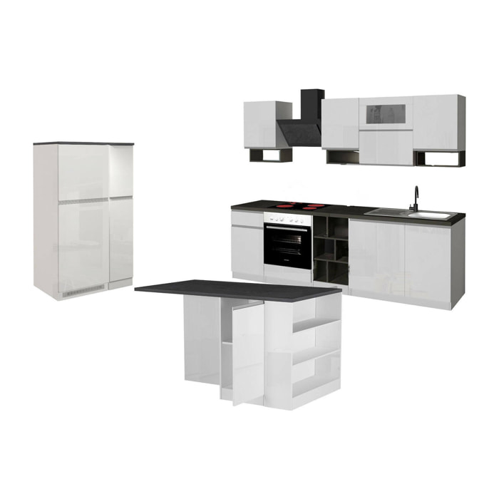 Cucina completa Balme, Set con dispensa, Mobile per cucinotto, Kit blocco con isola e portafrigo, 100% Made in Italy, Bianco lucido e Ardesia