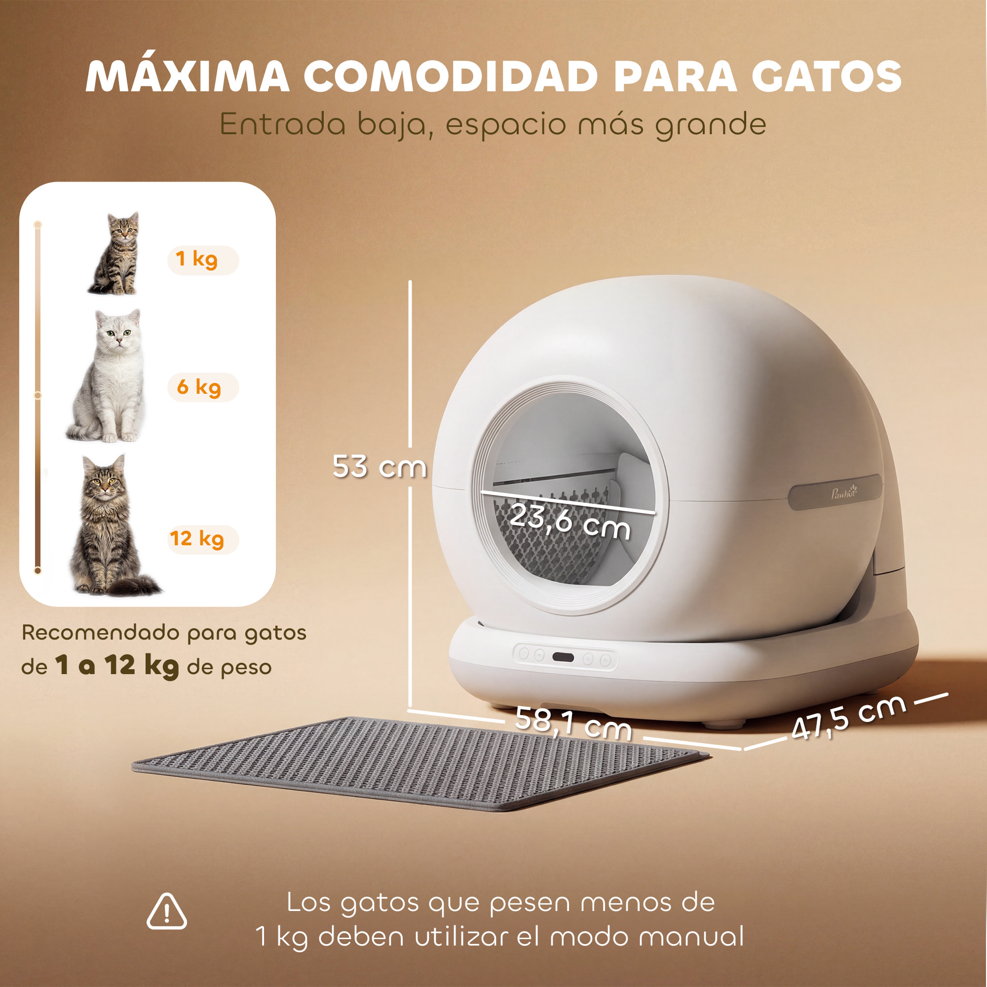 Arenero Gatos Autolimpiable 72L, Extragrande, Arenero Autolimpiable, Control por APP, Control de Olores y Ruido, Sensores de Seguridad, Gel Desodorante, Alfombrilla y Bolsas de Basura