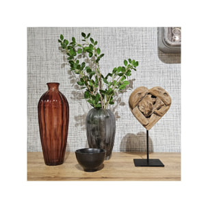 Sculpture artisanale cœur bois de teck massif, H 28 cm, socle métal noir - BAKOU