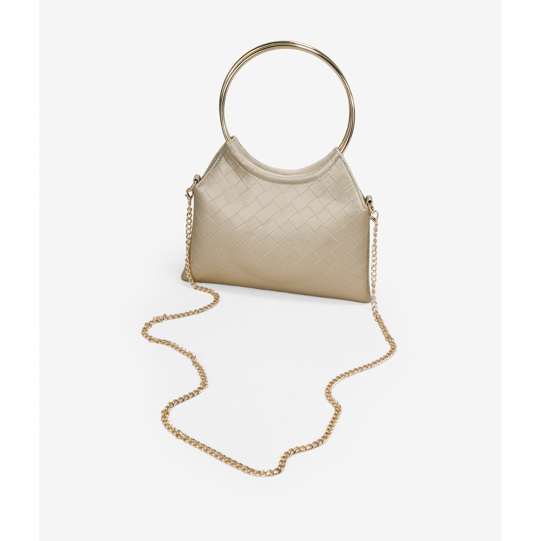 Bolso de fiesta dorado trenzado con asas metálicas