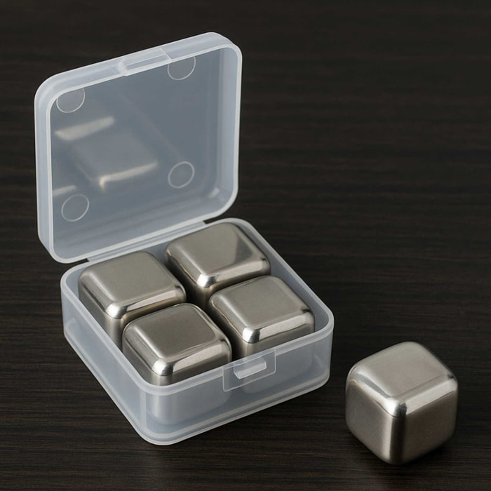 Cubitos de hielo de acero inoxidable - set 4 piezas en caja con clip ø2,7cm