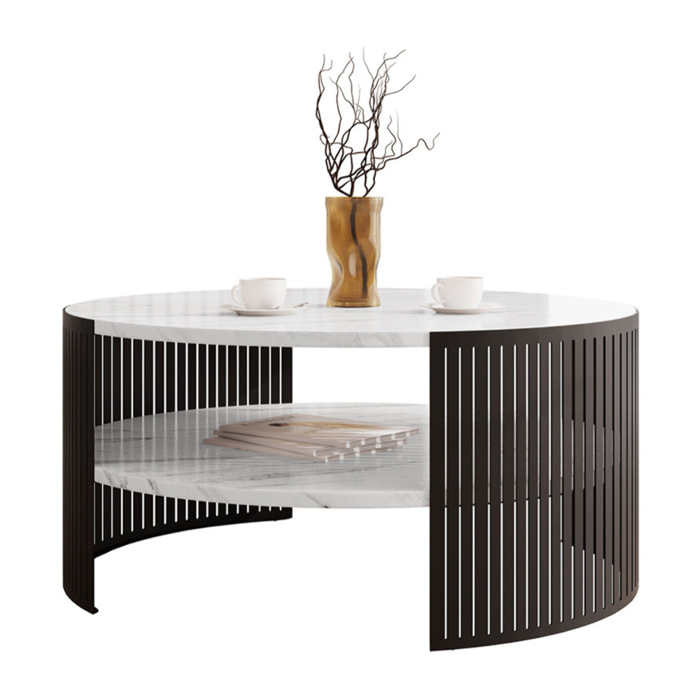 Cruz - table basse ronde - effet marbre blanc et noir - 1 niche - 75 cm - Blanc / Noir