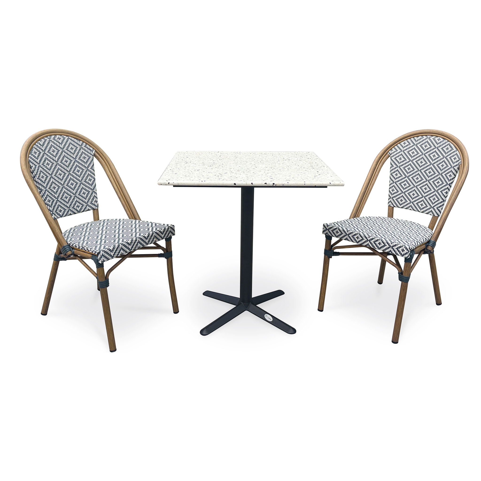 BISTRO - Ensemble repas de jardin 2 places en acier et plateau terrazzo - bleu