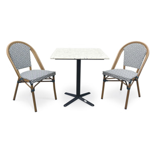 BISTRO - Ensemble repas de jardin 2 places en acier et plateau terrazzo - bleu