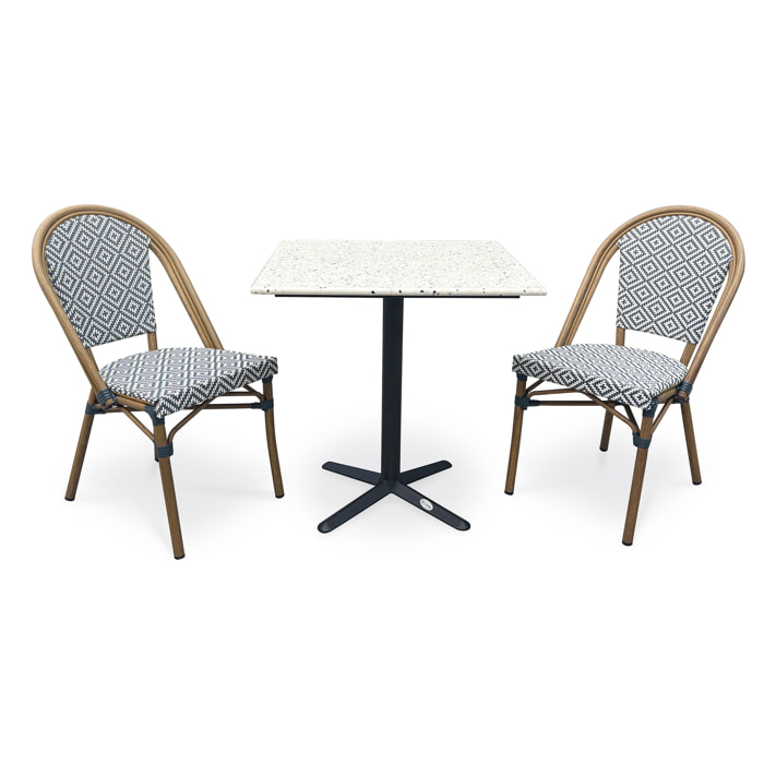 BISTRO - Ensemble repas de jardin 2 places en acier et plateau terrazzo - bleu