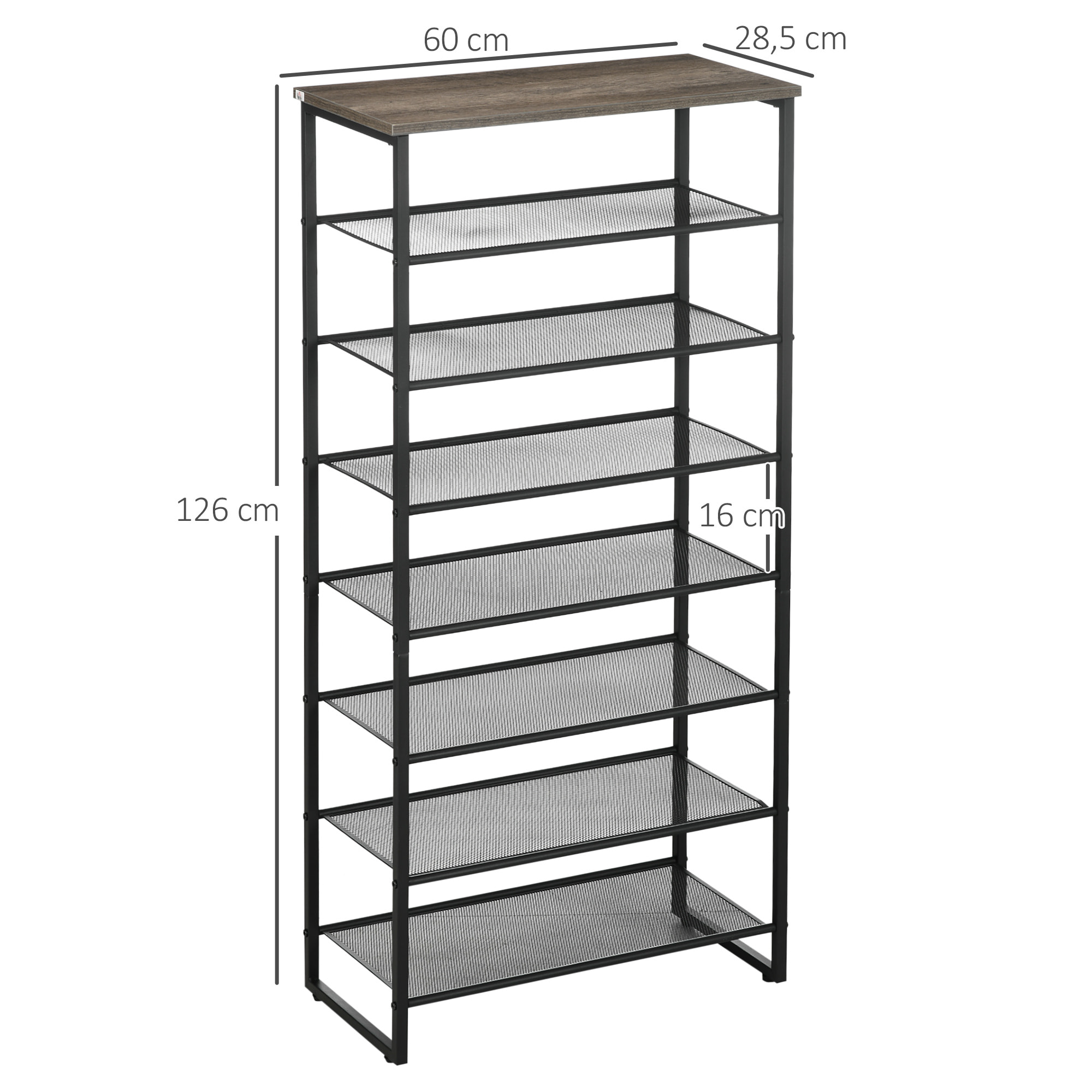 Etagère à chaussures 7 niveaux - rack à chaussures 7 étagères et plateau - acier noir aspect bois gris