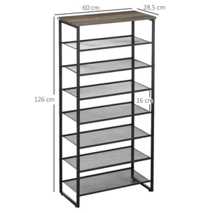 Etagère à chaussures 7 niveaux - rack à chaussures 7 étagères et plateau - acier noir aspect bois gris