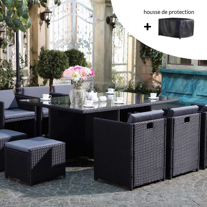 Salon de jardin 10 places noir/gris + housse de protection REGINA