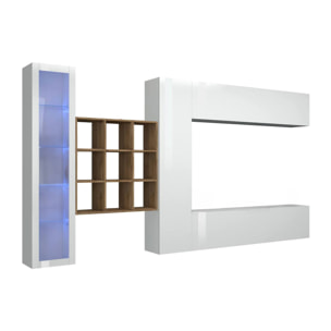 Parete attrezzata Davis, Set salotto porta TV a 4 ante, Mobile soggiorno multiuso con vetrina e luce LED, 100% Made in Italy, cm 310x30h180, Bianco lucido e Acero