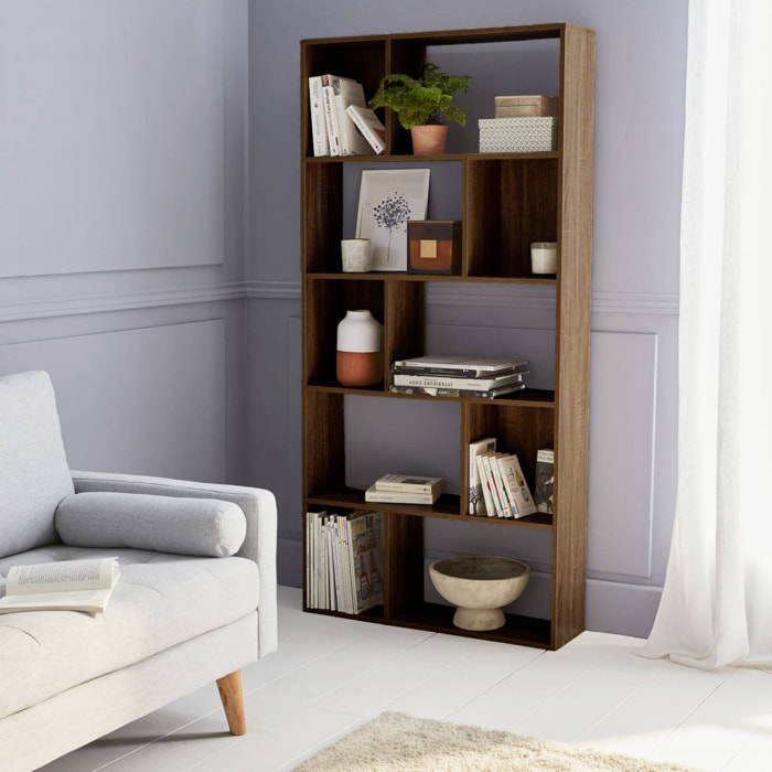 Bibliothèque design asymétrique couleur bois foncé noyer– Pieter – 5 étagères. 10 compartiments de rangement. 83x23x173cm