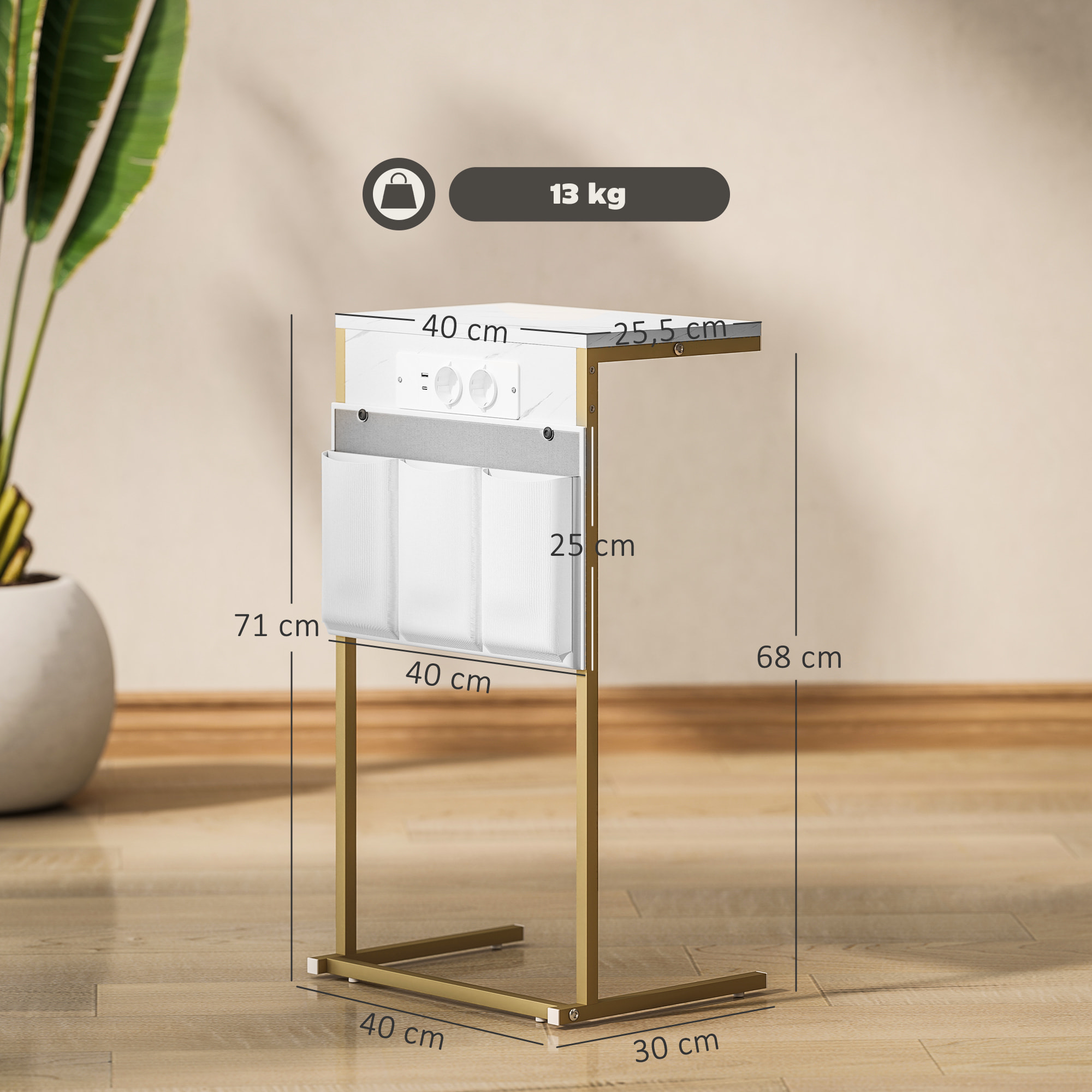Mesa Auxiliar con Estación de Carga Mesa para Sofá con 2 Puertos USB 1 Puerto USB-C y Bolsillo Organizador Mesita Auxiliar para Salón Dormitorio Blanco