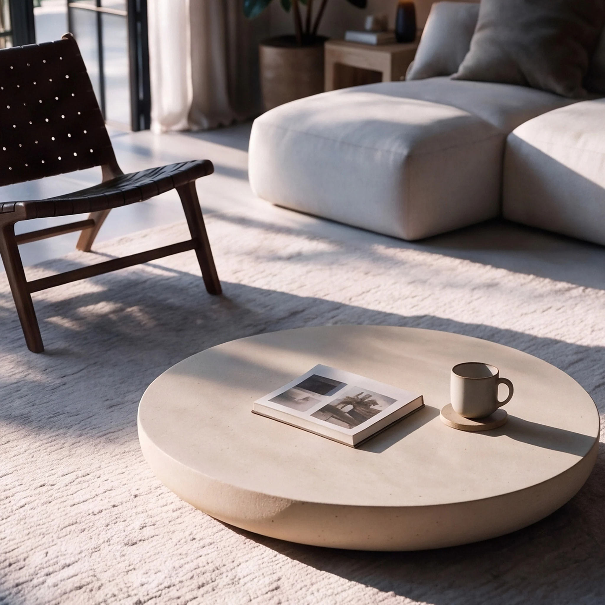 Table basse ronde beige en fibre d'argile effet béton D100 cm - Milos