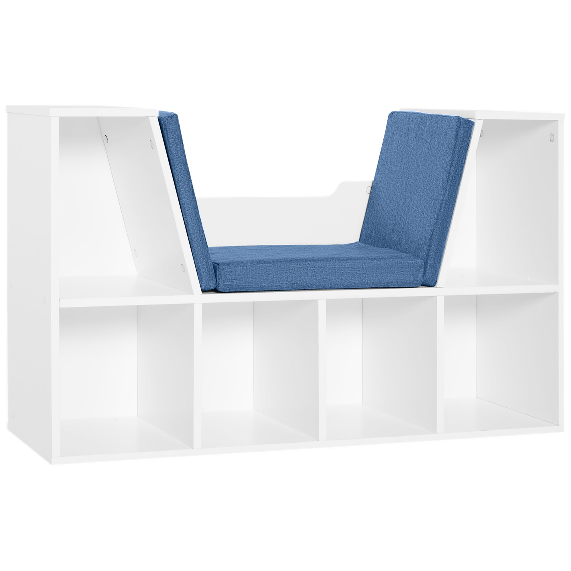 Librería con Asiento Estantería de Libros con 6 Cubos Zapatero con Banco con Cojín Multiusos para Sala de Estar Oficina Dormitorio 102x30x61cm Blanco y Azul