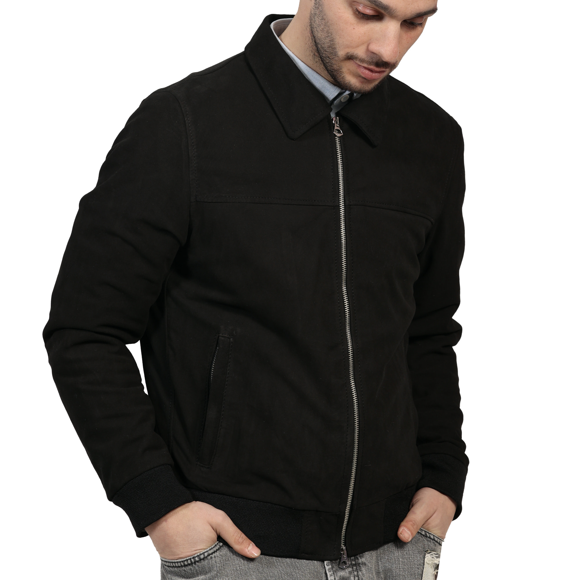 Giubbino in vera pelle di vitello scamosciata Nero-Slim Fit